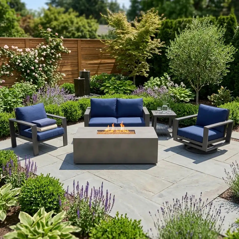 Sutton Grey 5 Piece Loveseat Firepit Chat Group Indigo- The Great Escape