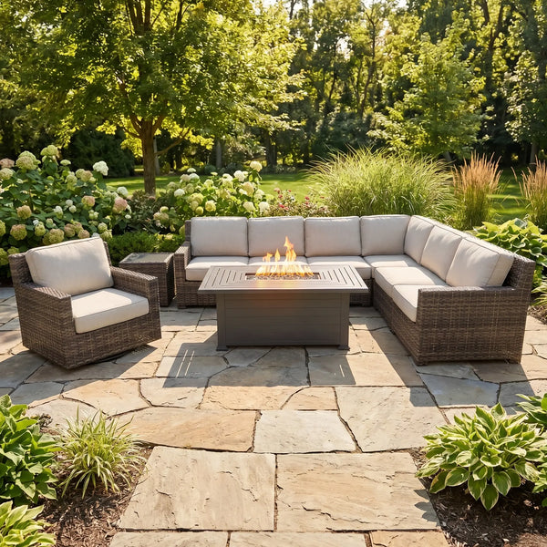 St. Kitts Grey 8 Piece Swimmer Oyster Sectional Firepit Chat Group - The Great Escape