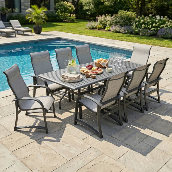 Wakefield 11 Piece Sling Dining Group W/ 44"x112" Rect. Table - The Great Escape